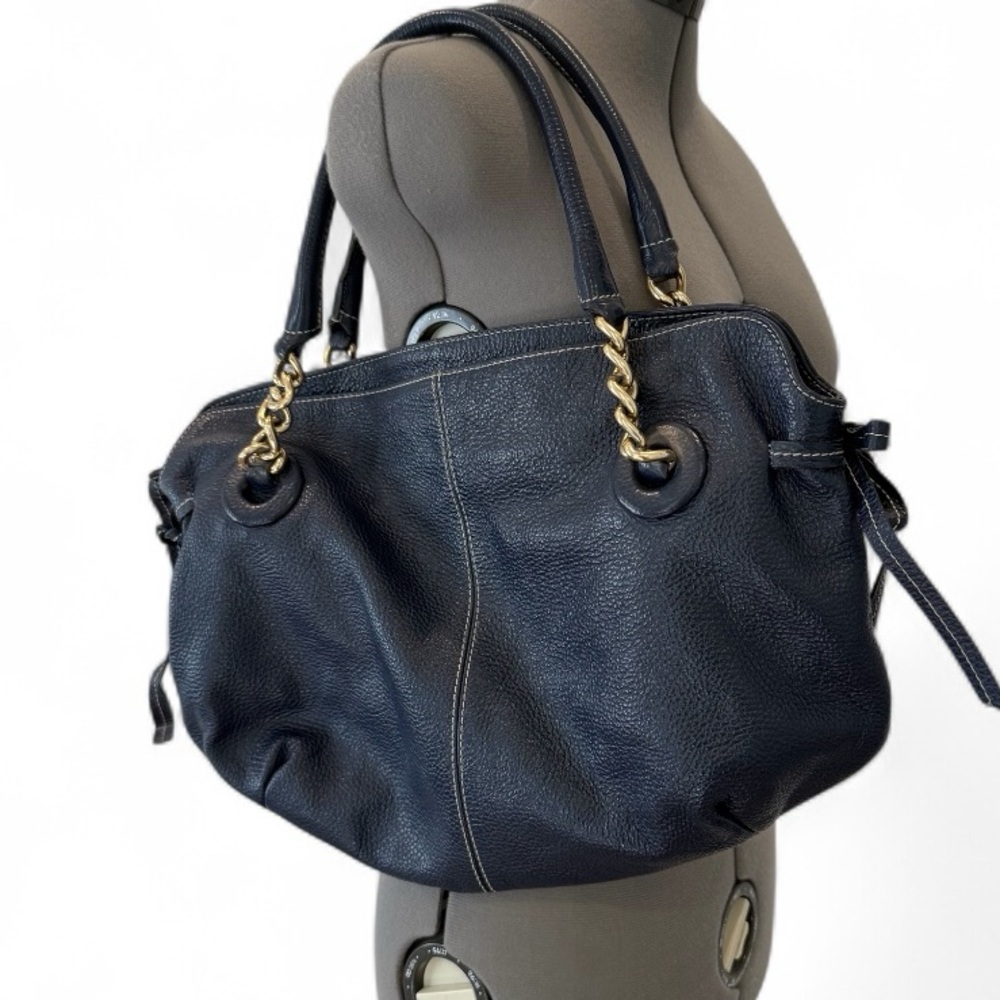 Roberta Gandolfi Navy Peppled Leather Zip Top Shoulder Bag Pockets Chain Detail‎